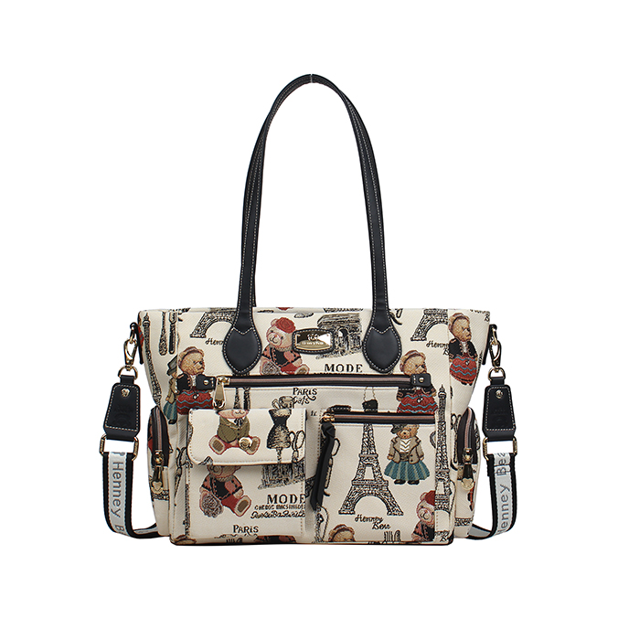 Henney Bear Paris Bear Women’s Tote Bag with Multi-Pocket Design H-1199