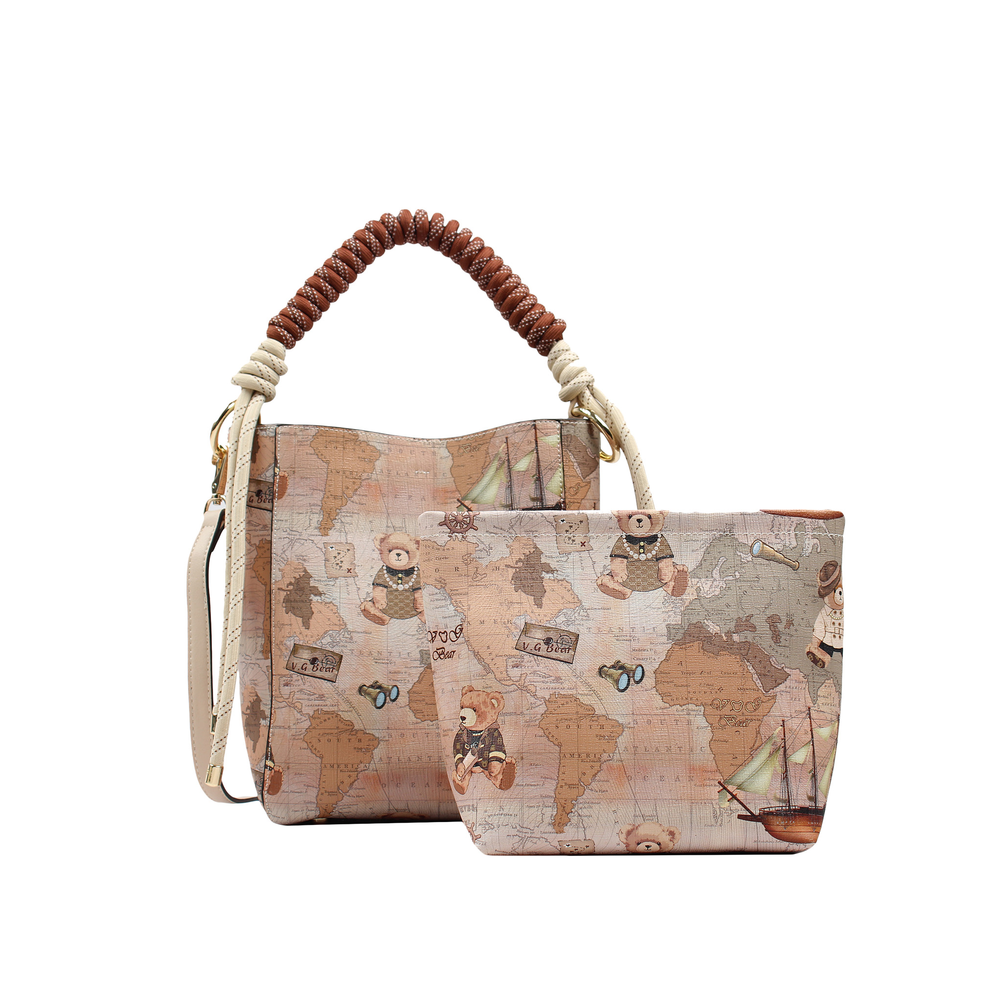 Henney Bear Vintage World Map Teddy Bucket Bag with Pouch – H-827