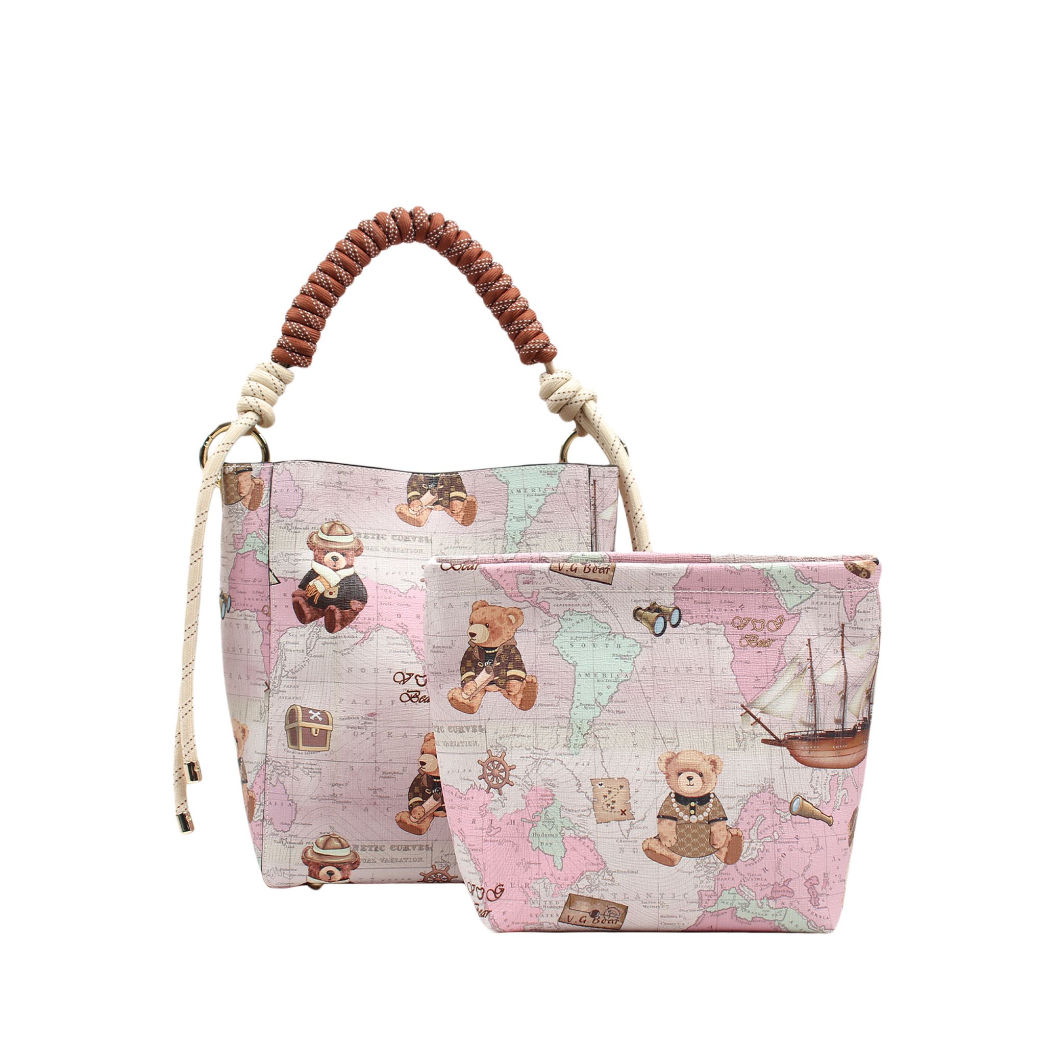 Henney Bear World Map & Explorer Teddy Print Bucket Bag with Pouch - H-827